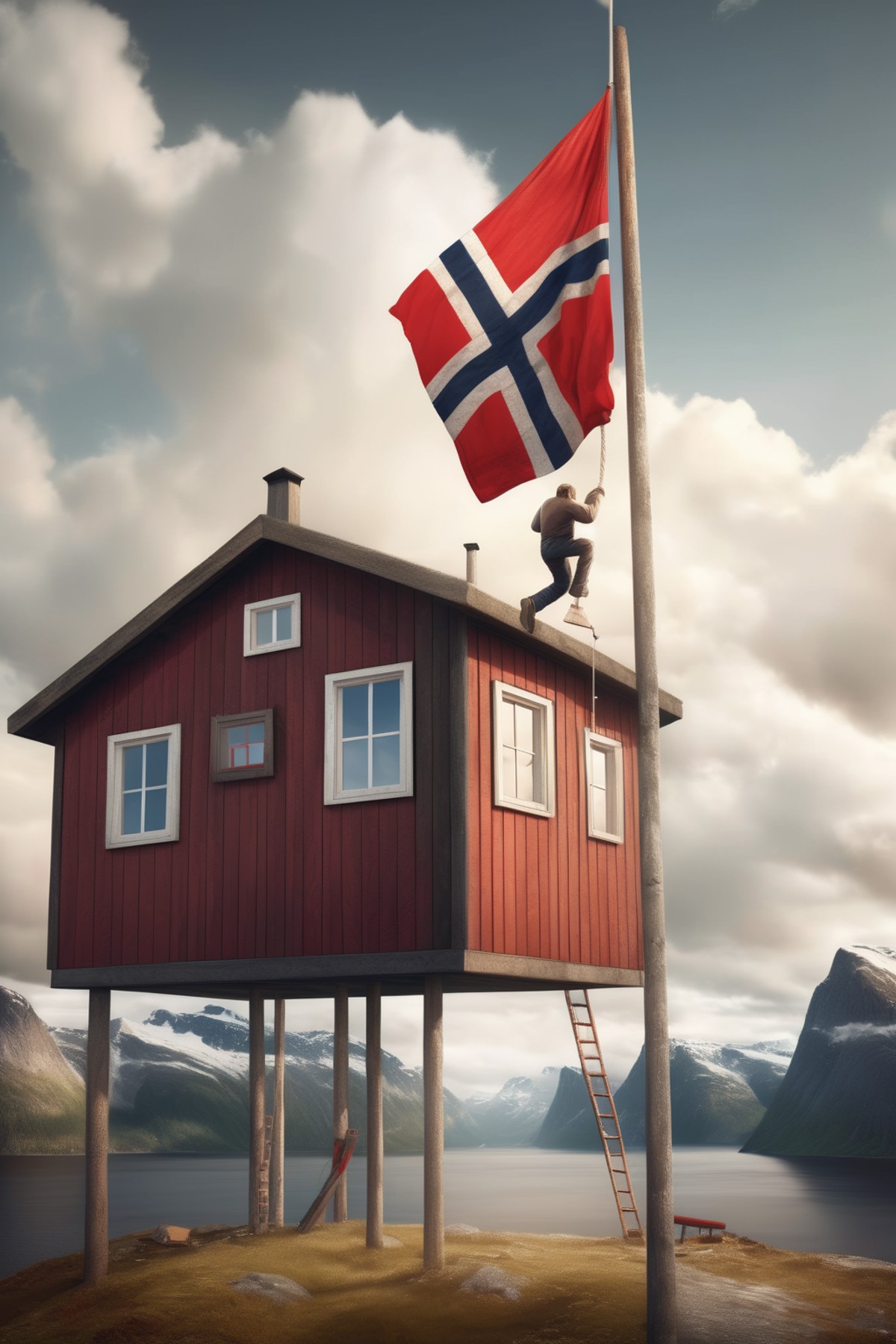 <lora:Erik Johansson Style:1>Erik Johansson Style - photorealistic. way to high flag pole with norwegian flag in the count...